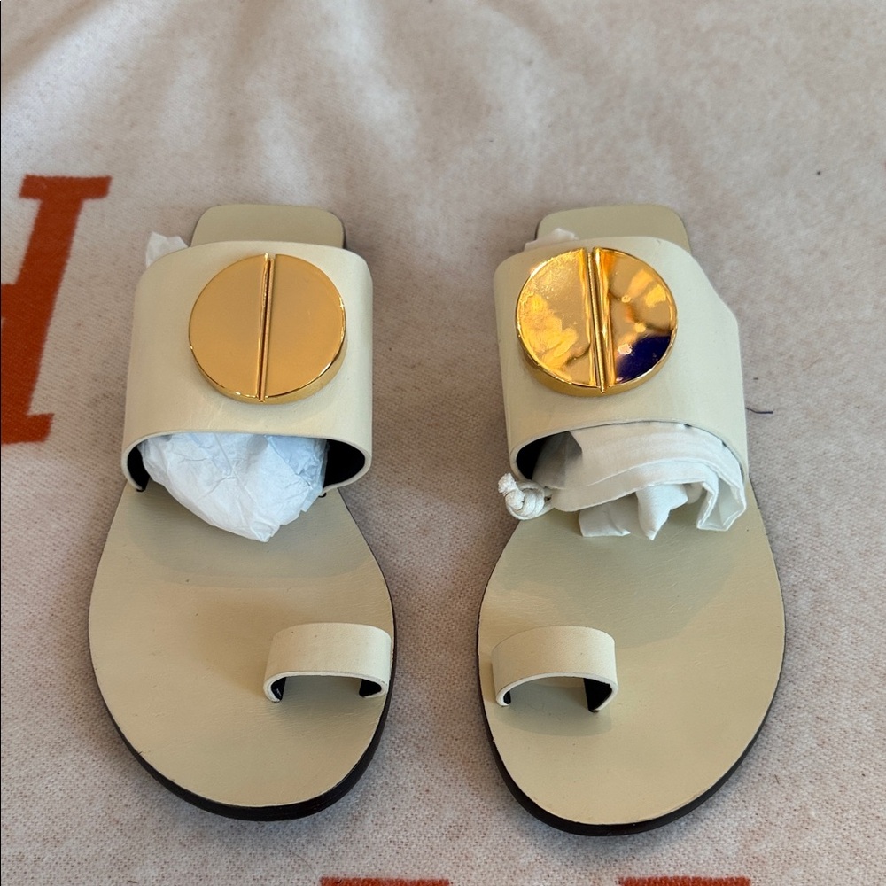 Mercedes Castillo Cream Slides with Beautiful Gold Circle Accent, Toe Loop